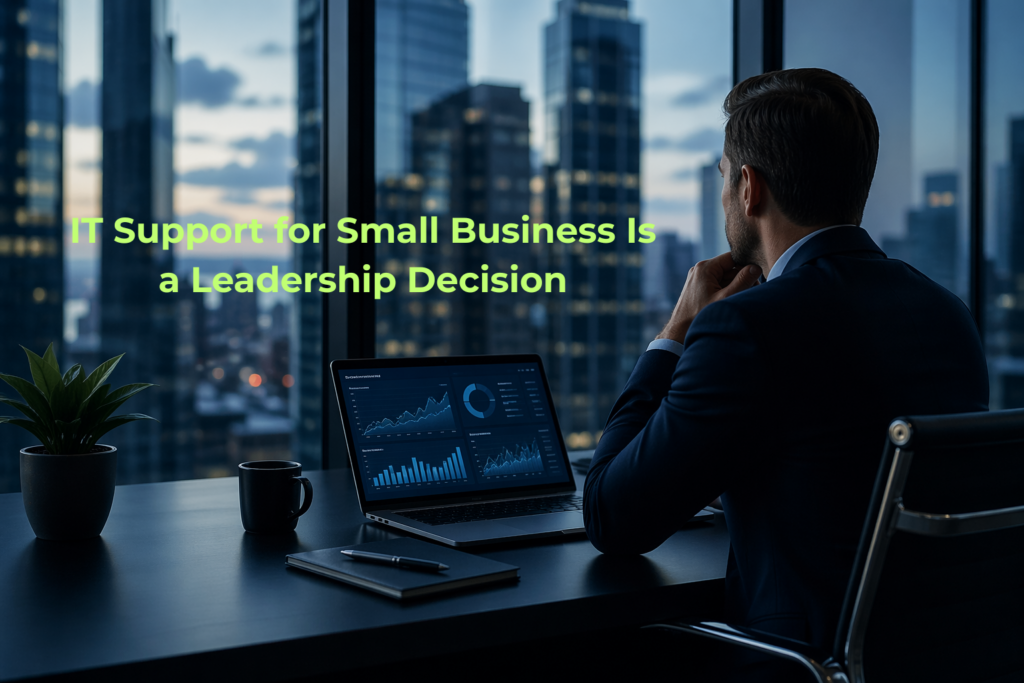small business IT strategy executive reviewing data dashboard in modern office