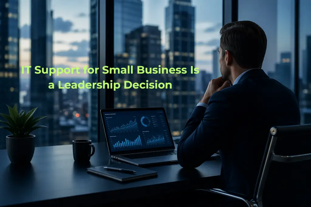 small business IT strategy executive reviewing data dashboard in modern office