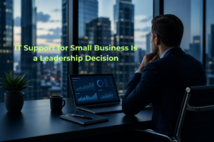 small business IT strategy executive reviewing data dashboard in modern office