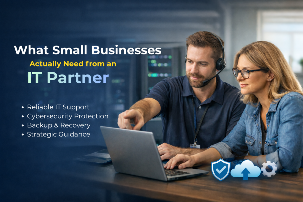IT support for small business illustration showing an IT professional assisting a business owner with cybersecurity, backup, and technical support